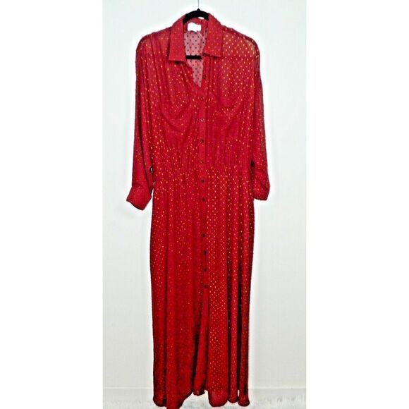 Unique Vintage Dress Size 3X/20 Burgundy Gold Clip Dot Blanche Maxi Shirt Belted - Picture 3 of 10
